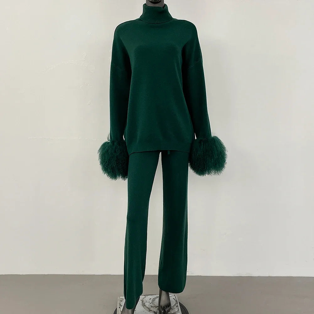 Coat Women Knitted Suit Women's Sweater Set Real Mongolian Sheep Fur Cuffs High Quality Wool & Blend Knitted Pullover and Pants
