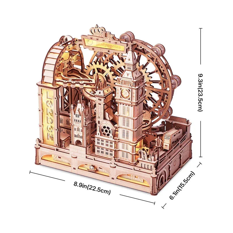 3D Wooden Puzzle Marble Run Building Kit London City Model with Lights Mechanical DIY Landmark Puzzle for Adults Teens