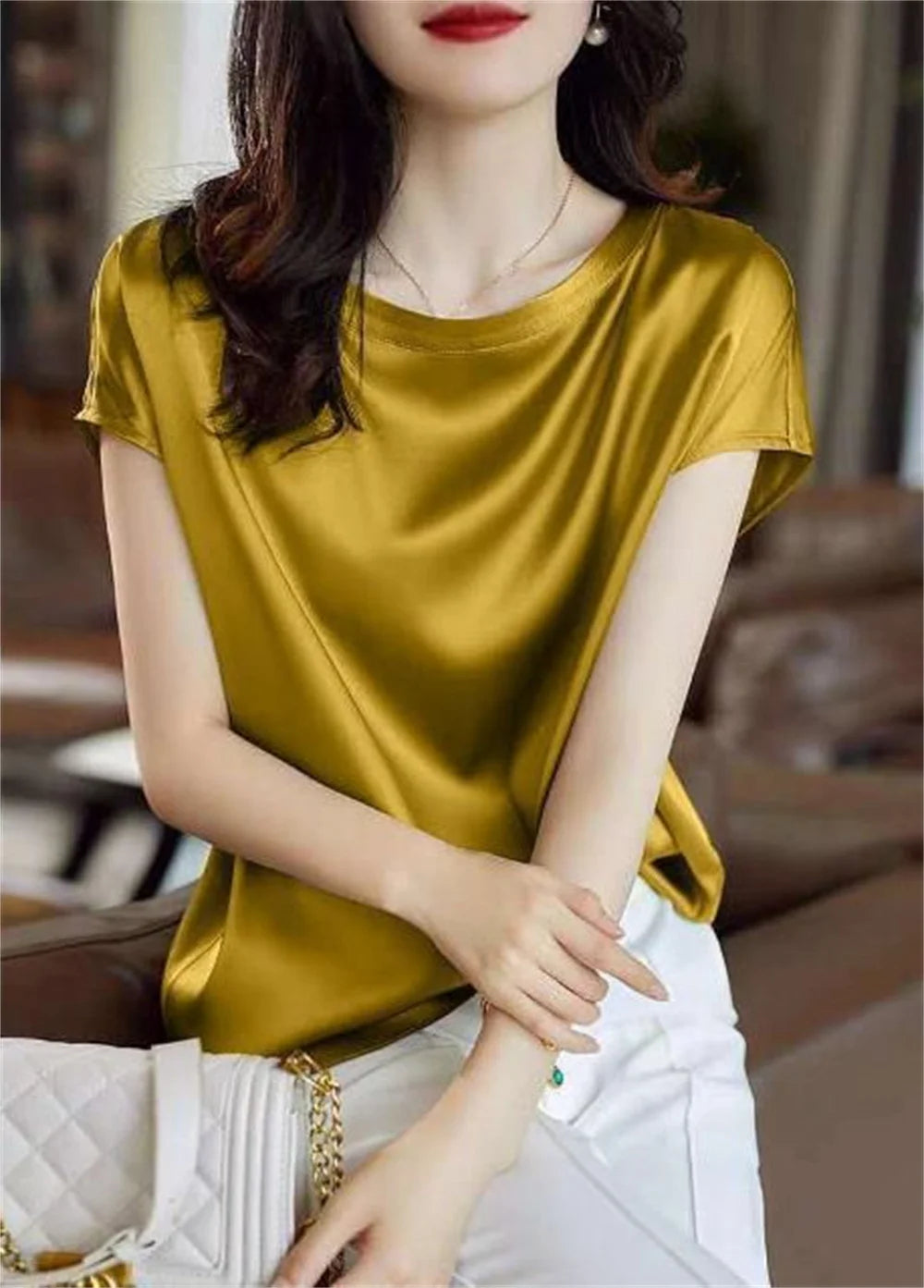 Satin Silk Shirts for Women Smooth & Shiny Short Sleeve T- Shirts Pullover Blouses Casual Loose Elegant Work Tops