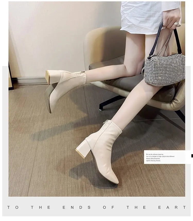 Ladies Bla High Heel ort Boots Spring Autumn Briti Sle Square Head  Boots Faionable Waterproof PU Leather