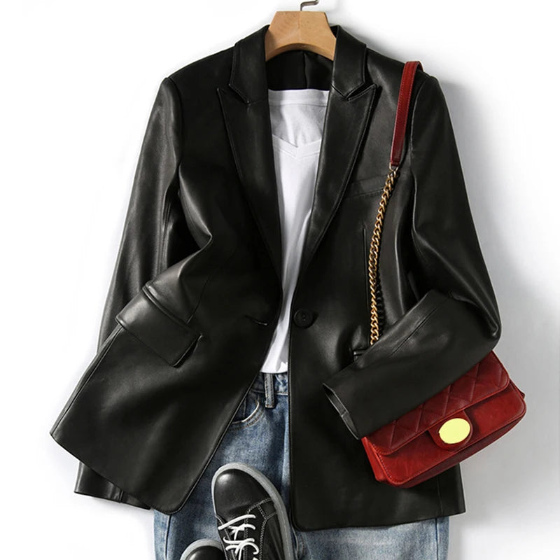 Natural Sheepskin Coat Blazer Mujer Single Button Suit Collar Chic and Elegant Woman Jacket Slim Camel Real Leather Topscoat