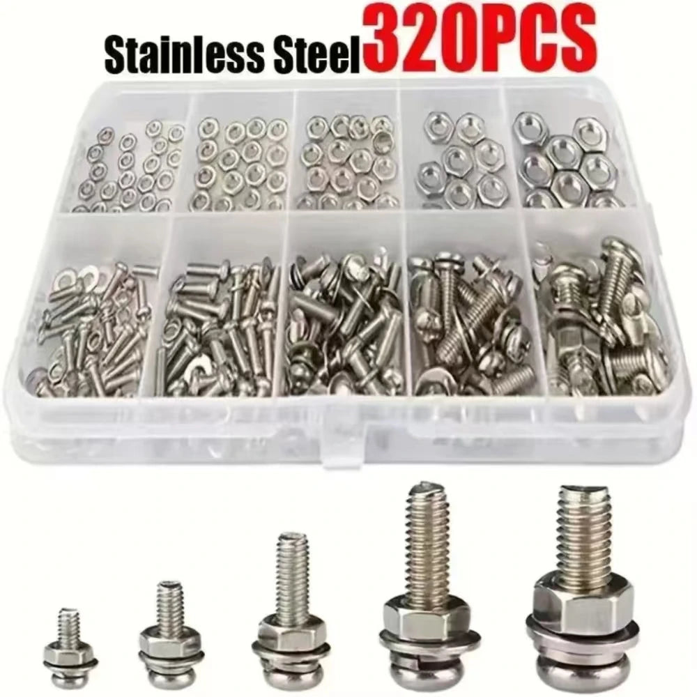 320pcs Stainless Steel Screw Nut Bolt Assortment Kit M2 M2.5 M3 M4 M5 Nuts and Bolts Assortment