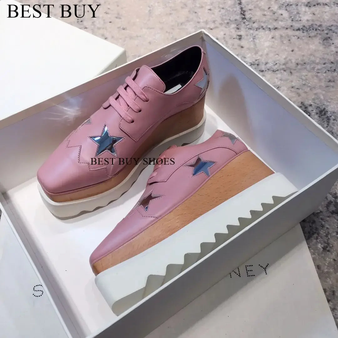 Women Fashion patent Stars high Loafers Shoes Lady Square Toe lace-up Thick Bottom Platform Wedge Shoes For Women sneakers