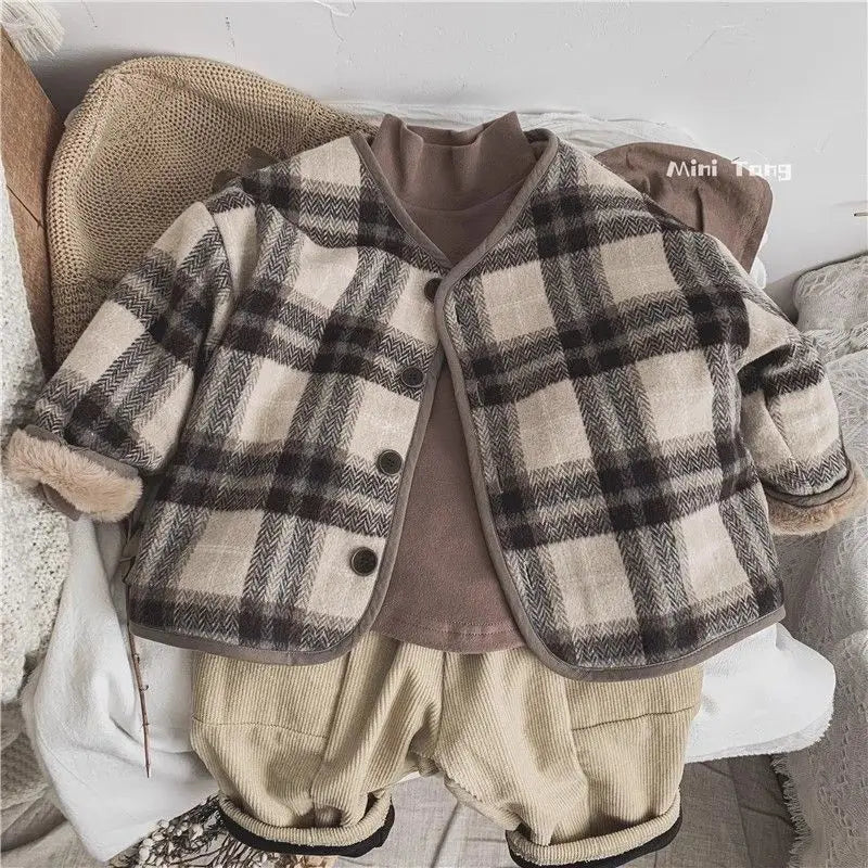 Winter Plush Kids Jackets Kids Outdoor Thicken Warm Coats Woolen Fashion Plaid Children's Velvet Jacket Boys Girls Cotton Jacket