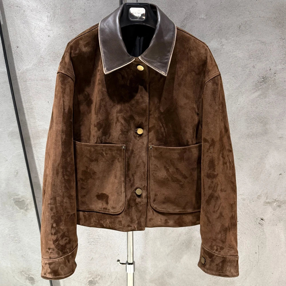 Suede Leather Blouson Women Winter Genuine Sheep Leather Coat Luxury Autumn Suede Blouse Lin24