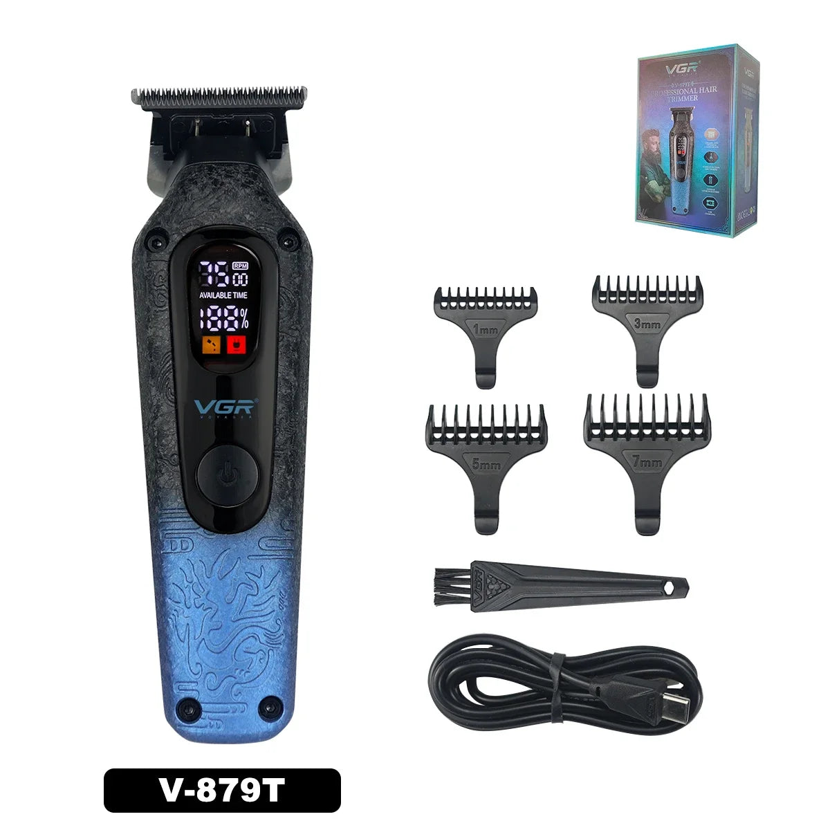VGR V-879T Hair Trimmer for Men DLC Blade T-Blade 7500RPM LCD Display 1500mAh Professional Hair Clipper Finishing Machine