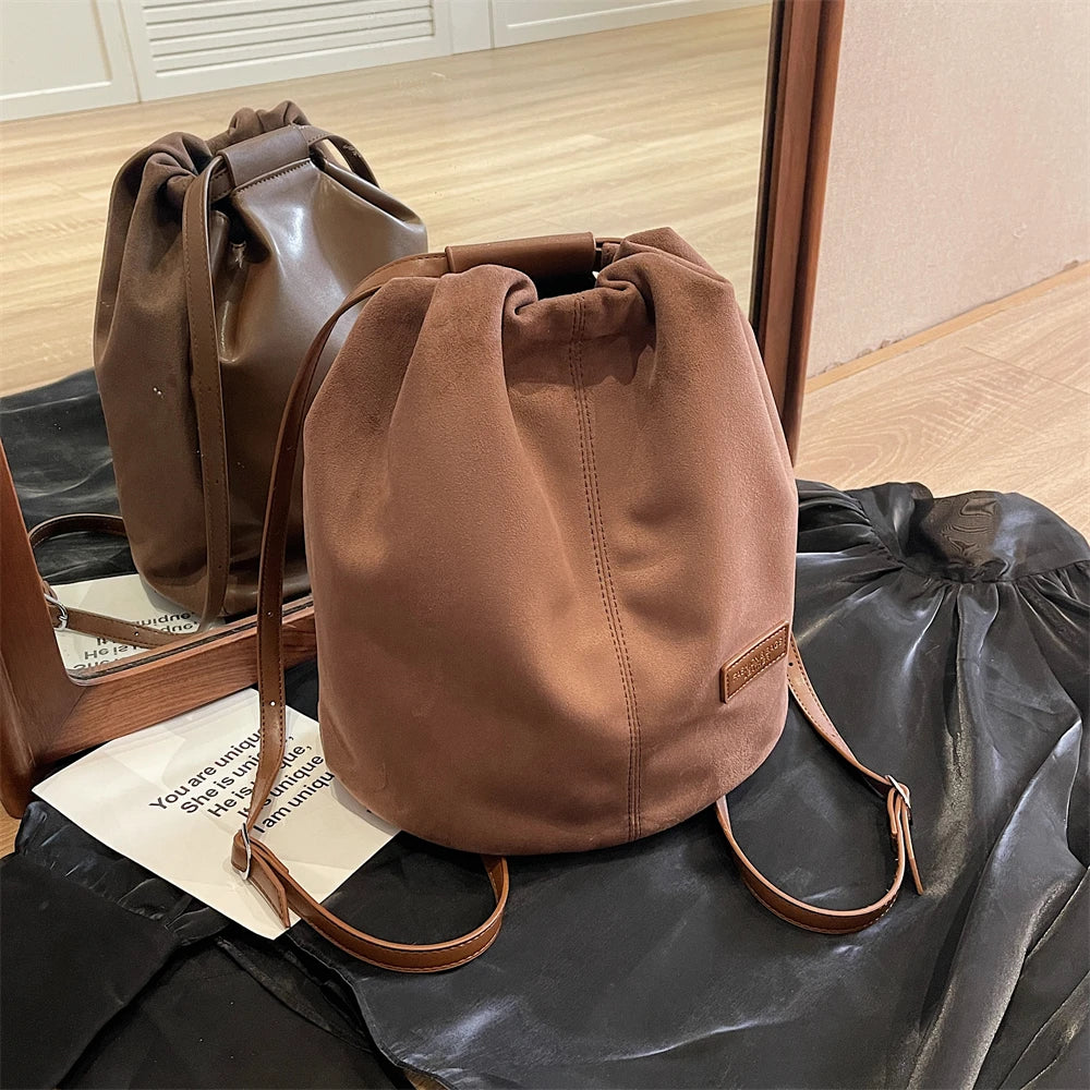 2024 Latest Women Fashion Backpacks Drawstring Bucket Shoulder Bags Soft Suede Large Capacity Rucksack For Travelling Shopping