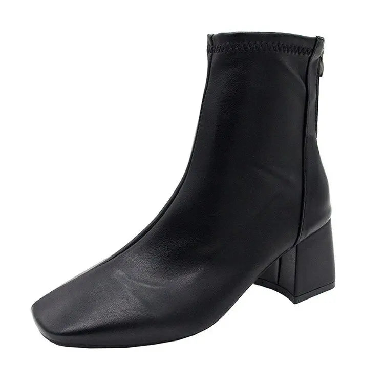 Ladies Bla High Heel ort Boots Spring Autumn Briti Sle Square Head  Boots Faionable Waterproof PU Leather