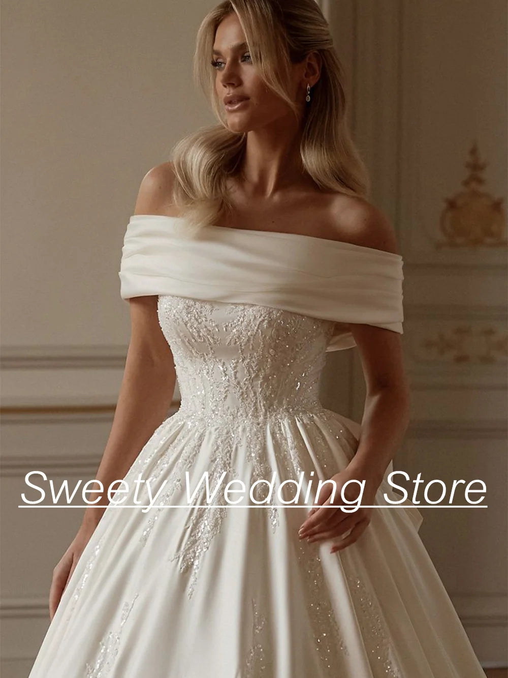 2025 Wedding Dress Vestido De Noiva Customized Boat Neck Off Shoulder Beading Applique Sweep Train Arabian Bridal Gown with Bow