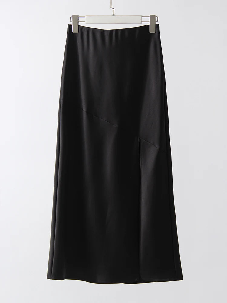 Summer Satin Skirts For Woman Office Maxi A Line Black Silk Skirts With Slit Lady High Waist Women Patchwork Skirt Long Elegant