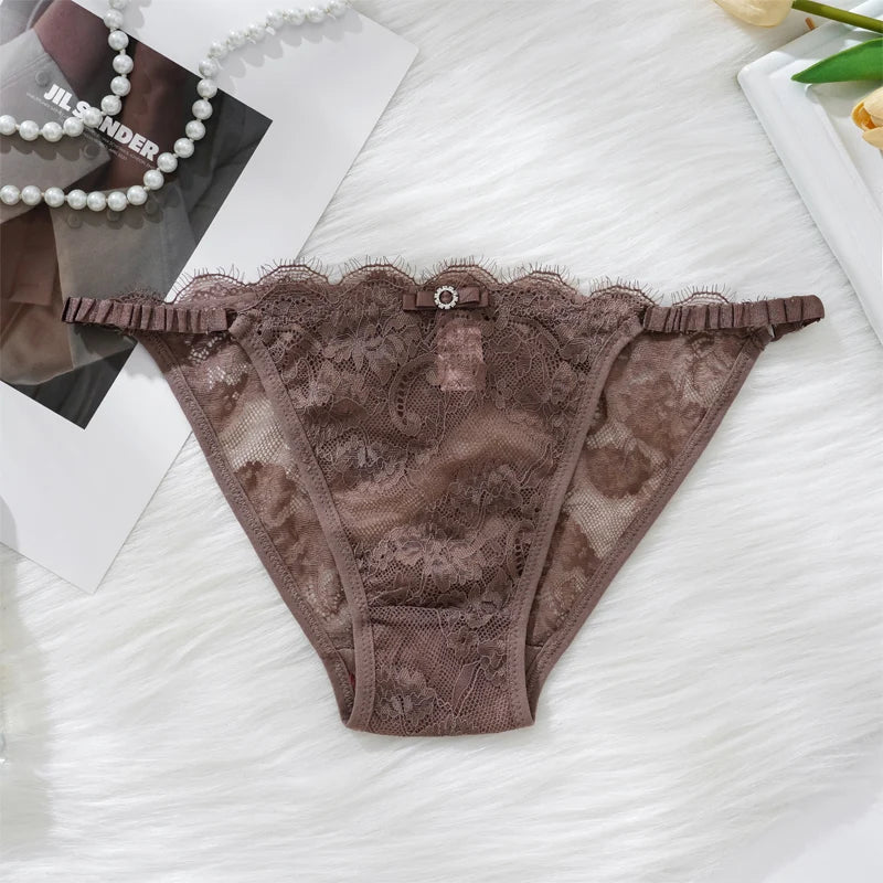 Thongs For Women Sexy Solid Color Lace Panties Low Waist Lingerie Hollow Out Transparent Floral Adjustable Breathable Underwear