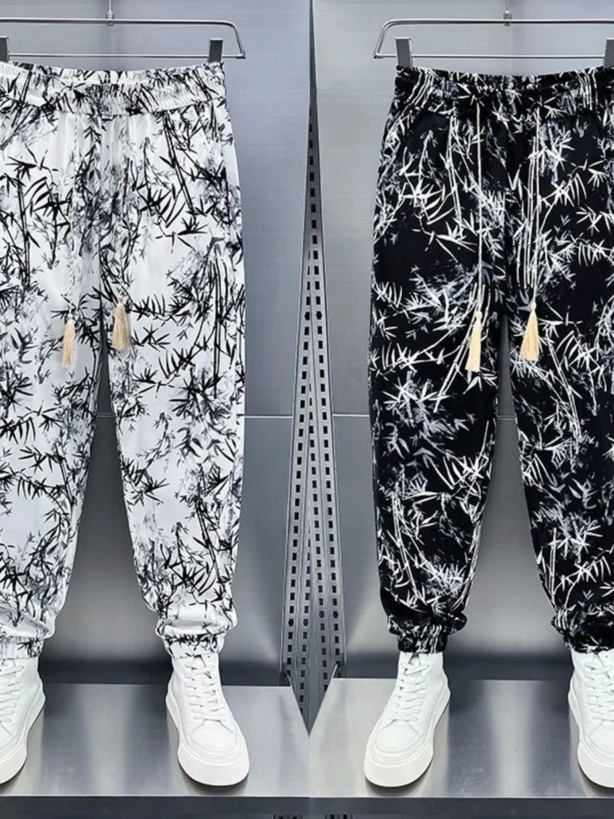 Ice Silk Men's Casual Fashionable Bamboo Leaf Print Sports Pants Loose Fit Long Trousers Youth Summer Active Wear