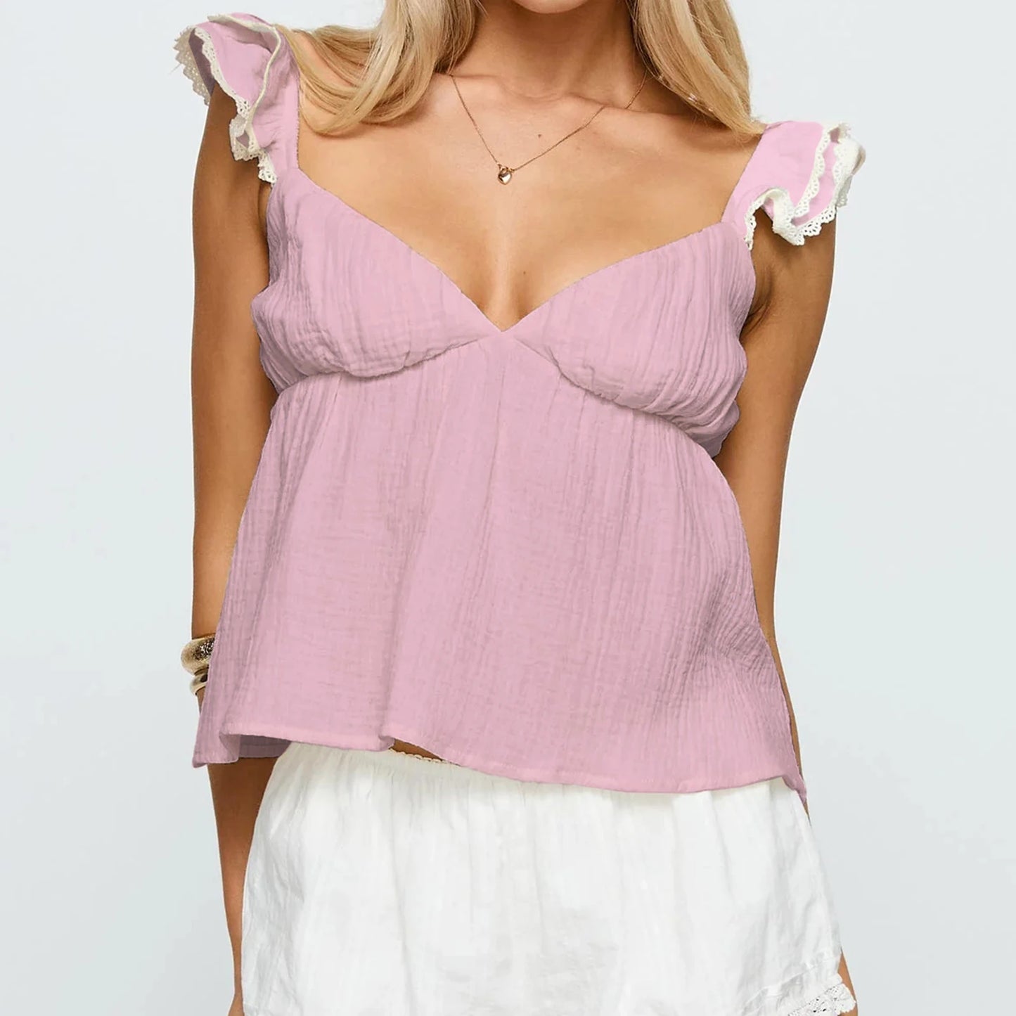 New Tank Tops For Women Summer Fashionable Solid Color Backless Flying Sleeve Deep V Neck Loose Shirt Hot Sale S M L