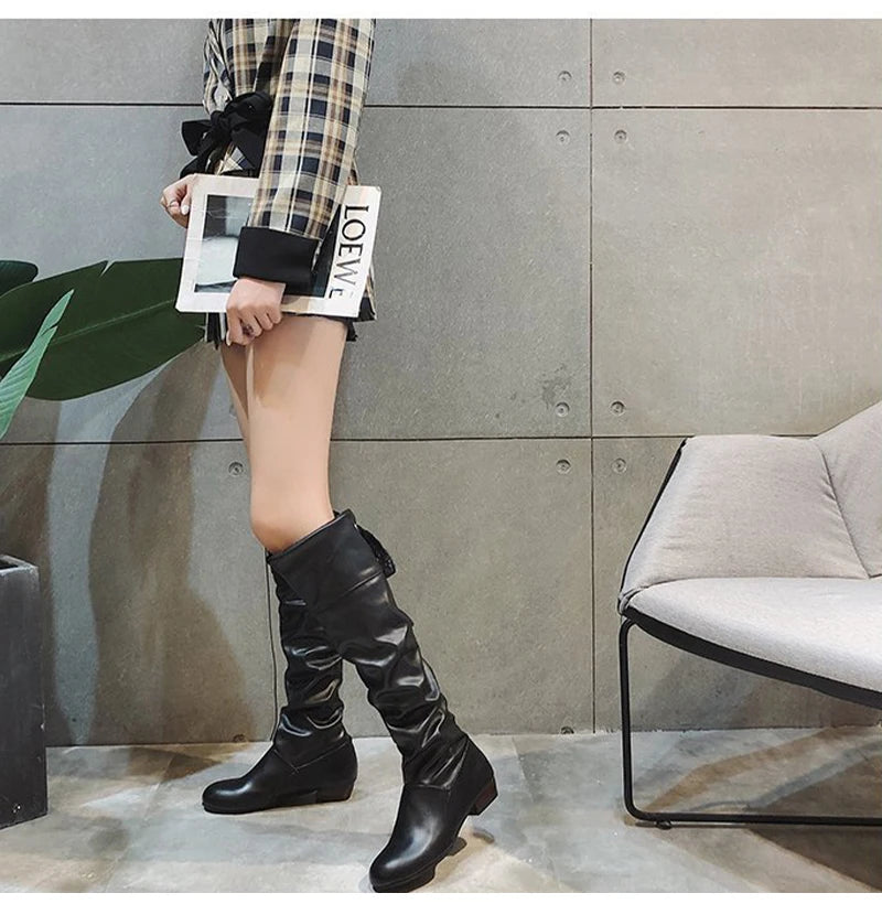 Shoes For Women  Knee High Boots Red Black White Tall Boots Woman Pleated Low Heel Casual Leather Female Long Shoes 2024