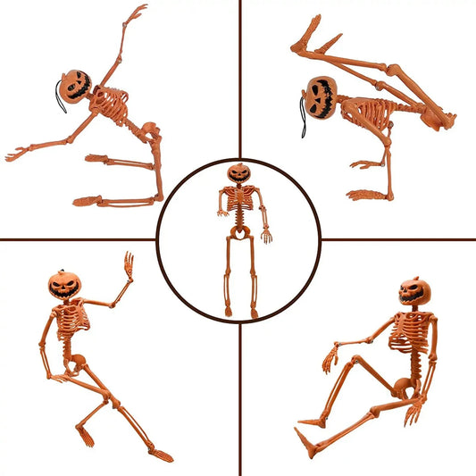 Halloween Full Life Size Skeleton Pumpkin Head Hanging Poseable Movable Fake Human Skull Bones Haunted House Party Decoration