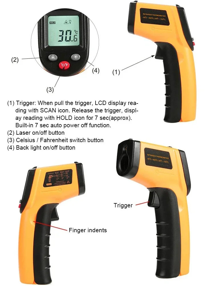 LCD Digital Laser Temperature  Meter Gun High-precision Infrared Thermometer -50~400°C Laser Positioning Non-contact Thermometer