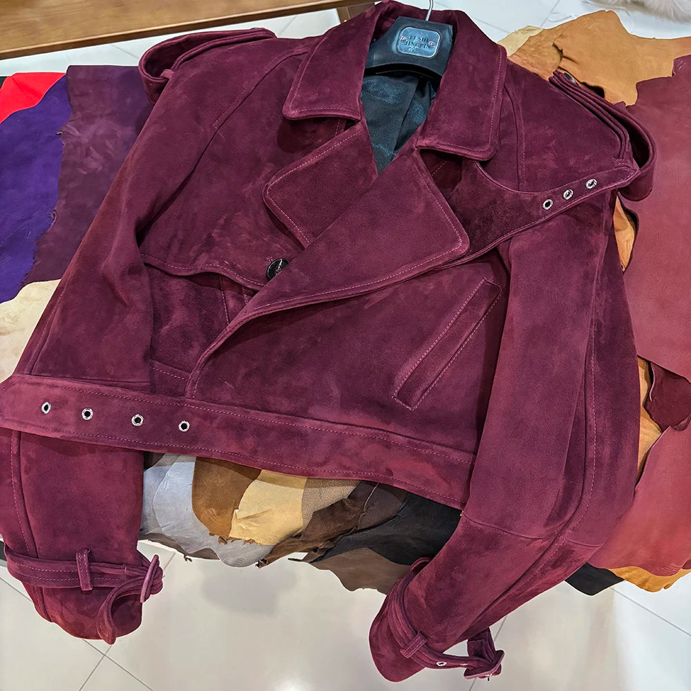 YOLOAgain Burgundy Suede Jacket Women Genuine Sheepskin Leather Jacket Coat