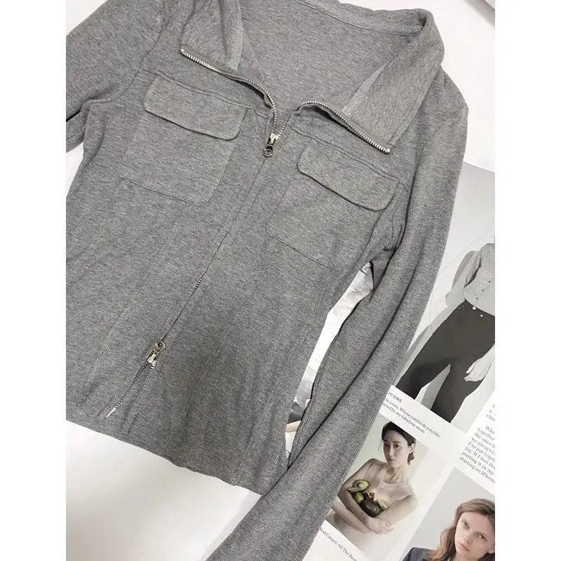 POLO Collar Bottoming Shirt for Women in Autumn Winter Slim Unique Short Long-sleeved Top