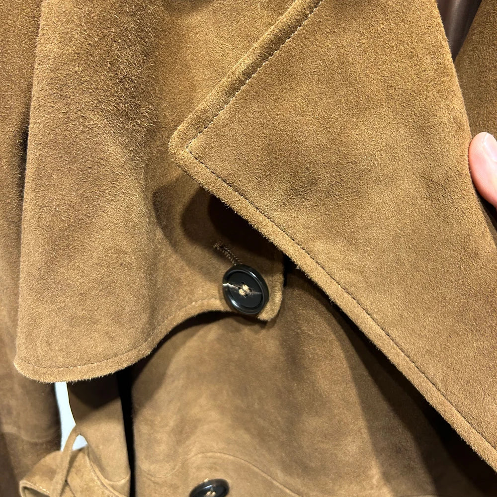 Suede Burgundy Long Coat Double Breasted Windbreak Length 150cm Women's Real Suede Coat