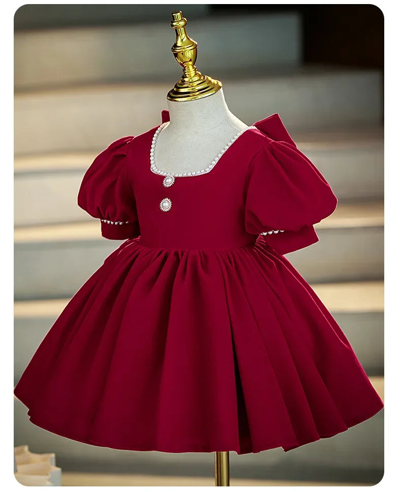 2025 Red Dress For Children Formal Party Dresses For Baby Girl ClothesKids With Big Bow Girls Teenagers Beading Plain Ball Gown