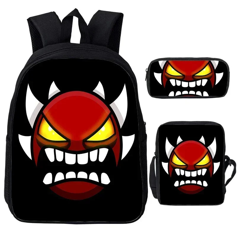 Large Capacity Bookbag 3pcs Set Boys Girls School Bags Angry Geometry Dash Cartoon Print Children Backpack Back To School Gifts