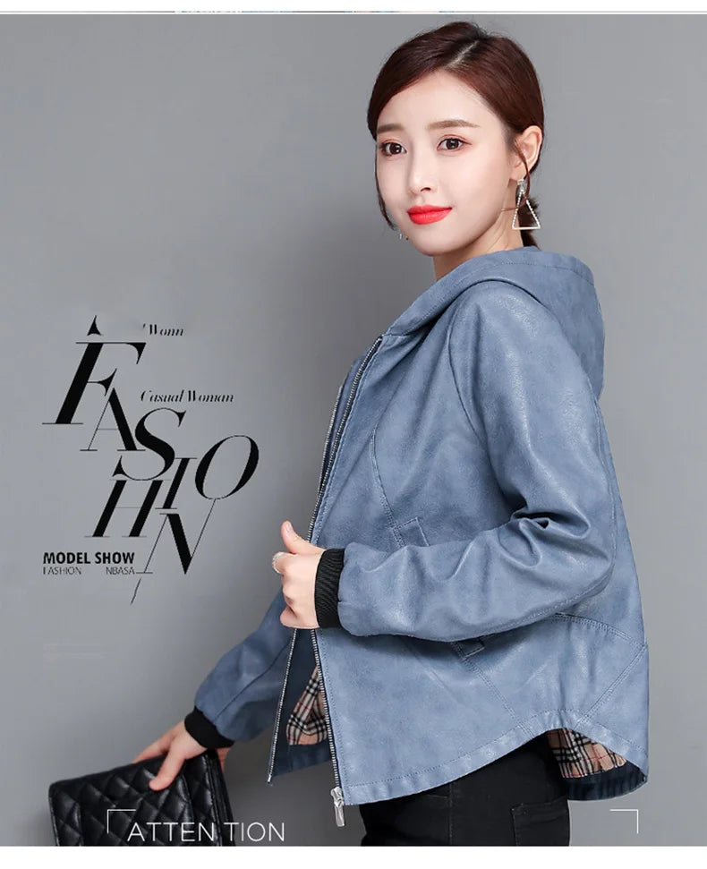 New Women Casual Leather Jacket Spring Autumn Fashion Hooded Zipper Split Leather Loose Outerwear Short Sheepskin Tops Coat