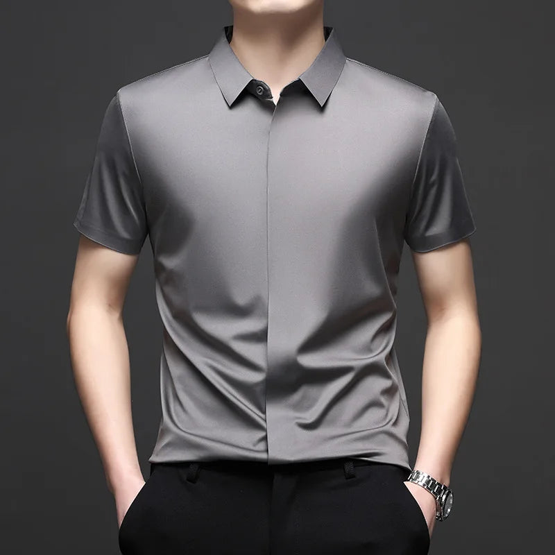 Silk Men Short Sleeve Shirt Business Casual Stretch Pure Color Commercial Affairs Casual Top
