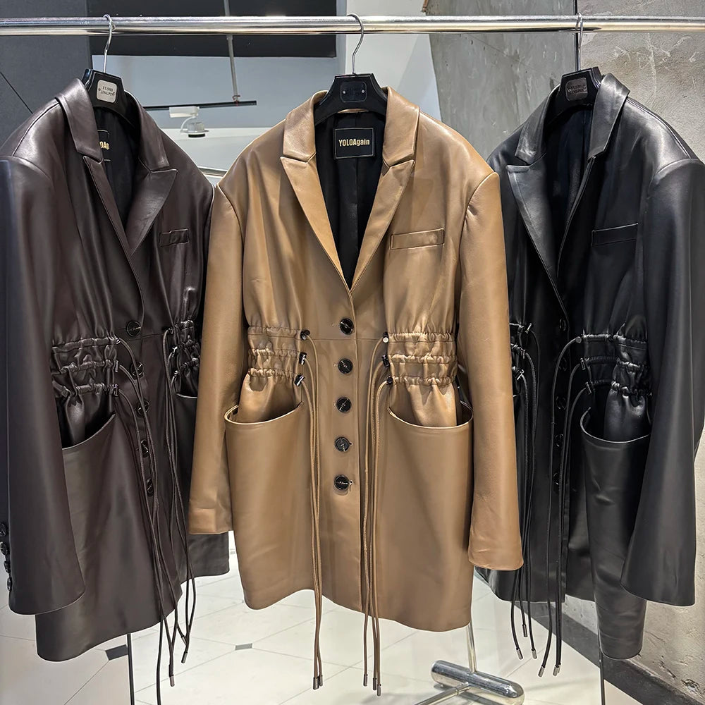 YOLOAgain Women's Leather Jacket Genuine Sheepskin Coat Single Breasted
