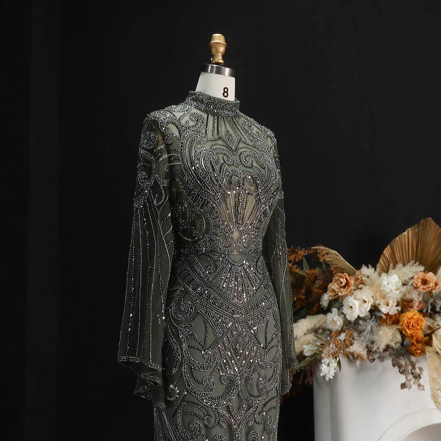 Sharon Said Dubai Black Evening Dress Geometric Beaded Pattern Long Flare Sleeve شارون سعيد Women Formal Prom Gown SS055 Custom