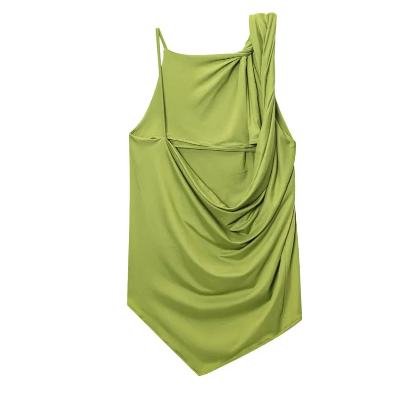 Top Women Summer Tank Sleeveless Top With Open Back Ruffled Asymmetrical Slip Top Sexy Street Style CasualOversize Green Tops