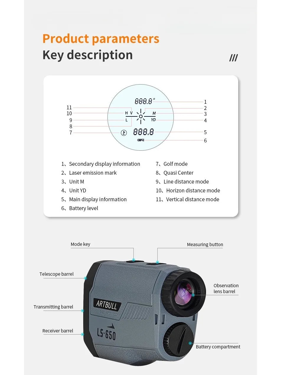 Golf Laser Rangefinder  650M Telescope with Flag-Lock Slope Pin Distance Meter for Hunting Monocular