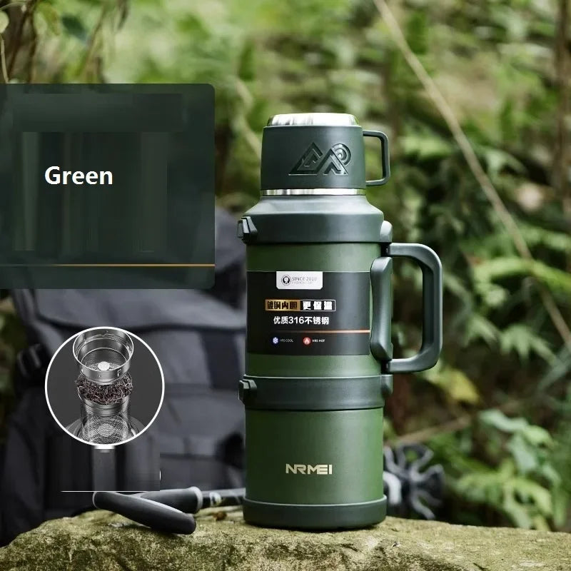 Stainless Steel Insulated Water Bottle with Handle, Outdoor Portable Thermos Bottle, Large Capacity, Keep Hot and Cold, 72H, 316
