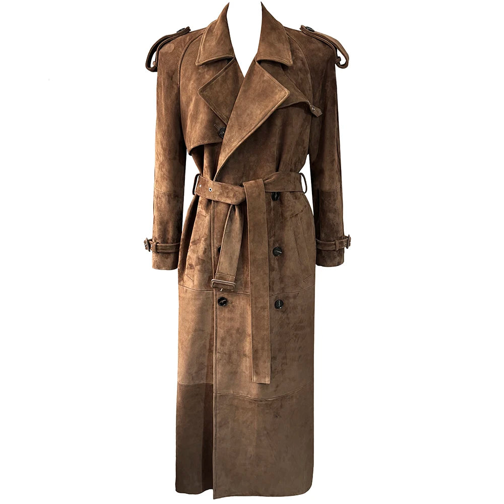 YOLOAgain 150cm Extra Length Real Leather Trench Coat Women Double Breasted Suede Coat Female