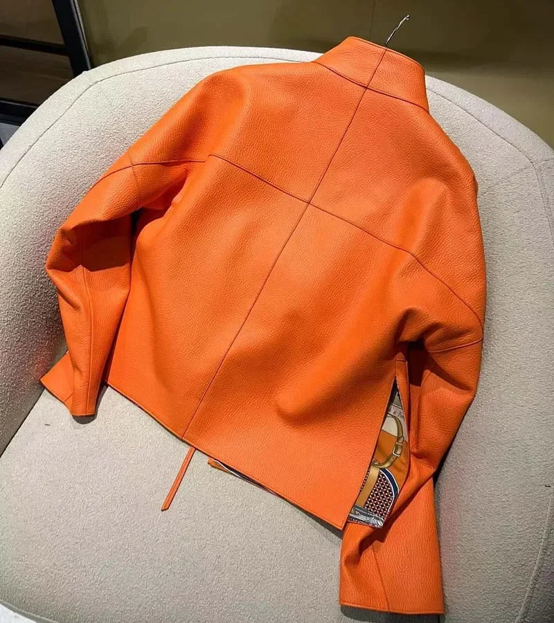 New fashion 2025 women coat sspring orange import real sheepskin jacket floral pattern lining short length big pockets