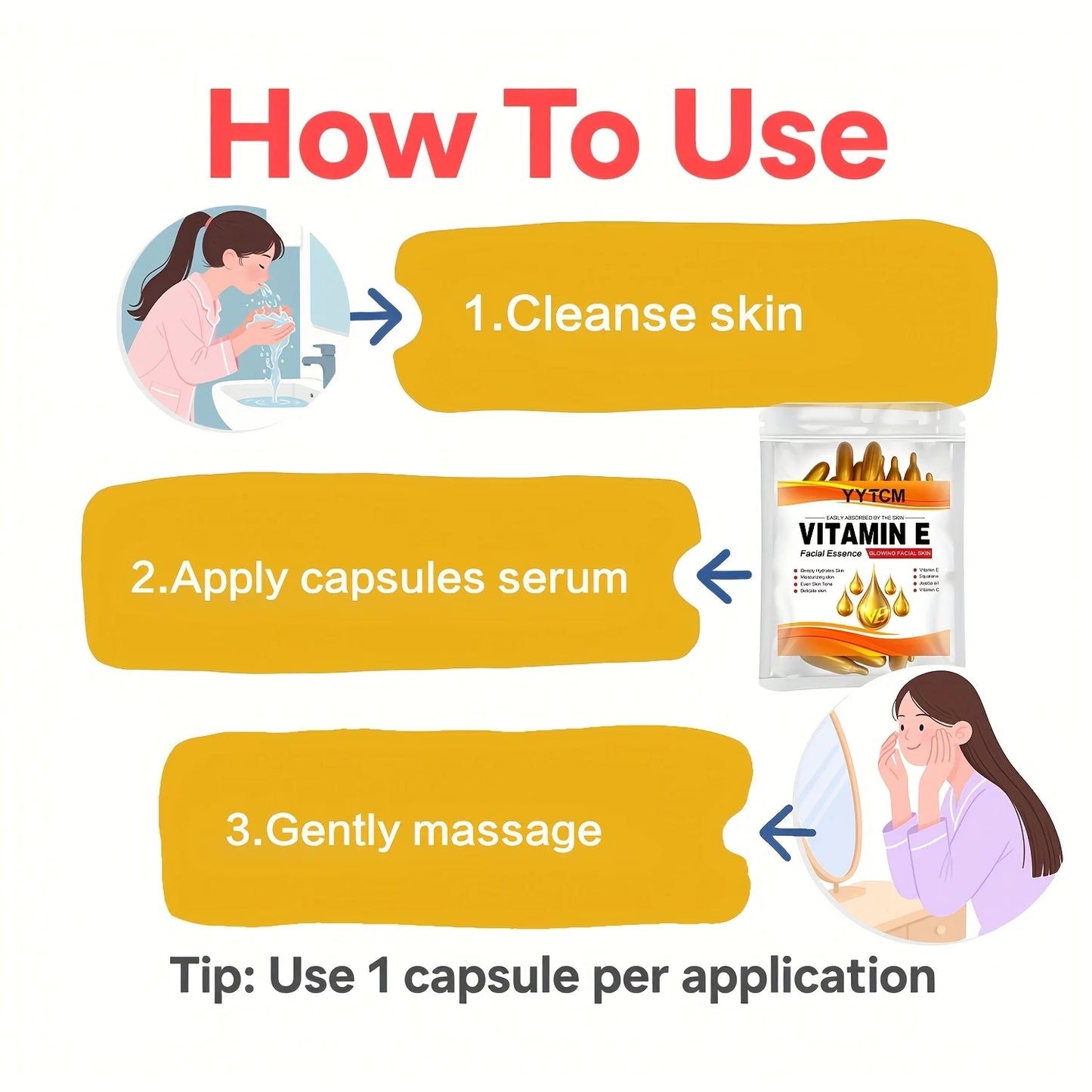 Vitamin E Deep Moisturizing Capsule Essence, Hydrates and Smoothes the Skin, Contains Plant Squalane, Vitamin C, Deep Hydrating and Brightening Skin Essence (0.4g X 30 Capsules)/Bag-1 Bag