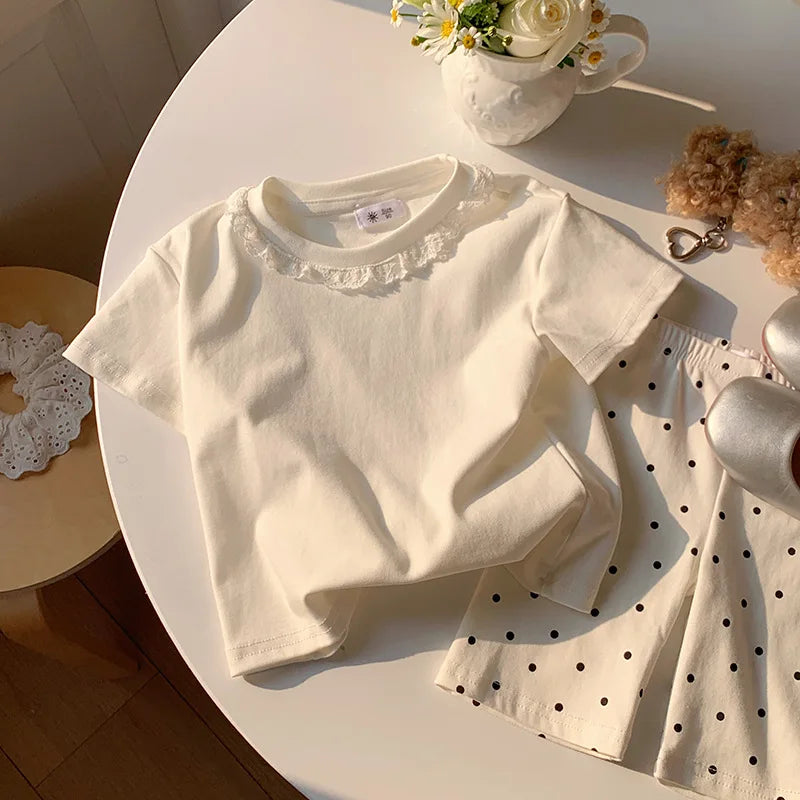 Summer Girls Lace T-shirt Kids Loose Casual Solid Color Short Sleeves Crewneck Tops Baby Girl Cotton Tees Kids Clothes 1-6Years