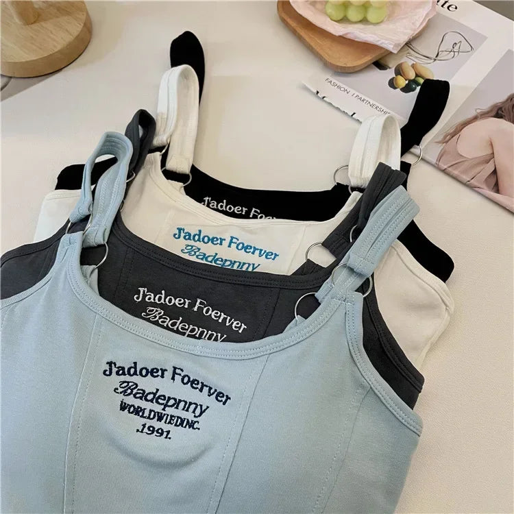 Women Summer Tops Sexy Camisole Square Collar Tank Top Y2k Slveless Female Crop Tops With Pad Fashion Vest Embroidery Letter