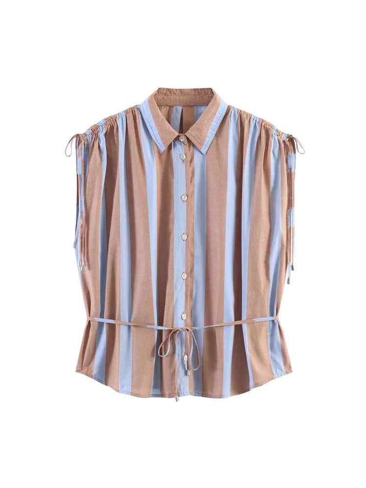 Women Summer Shirts Blouses Tops 2026 Fashion Striped Sahes Bow Turn-Down Collar Female Elegant Street Top Clothing