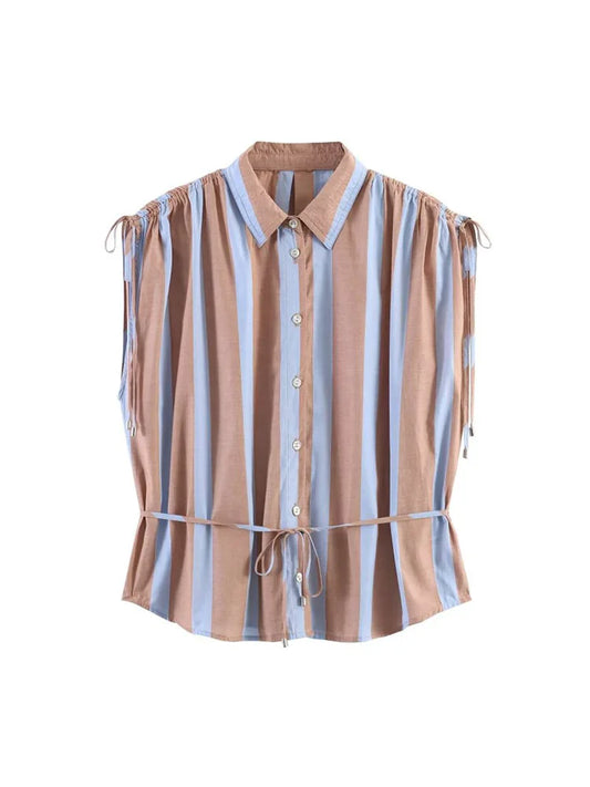 Women Summer Shirts Blouses Tops 2026 Fashion Striped Sahes Bow Turn-Down Collar Female Elegant Street Top Clothing