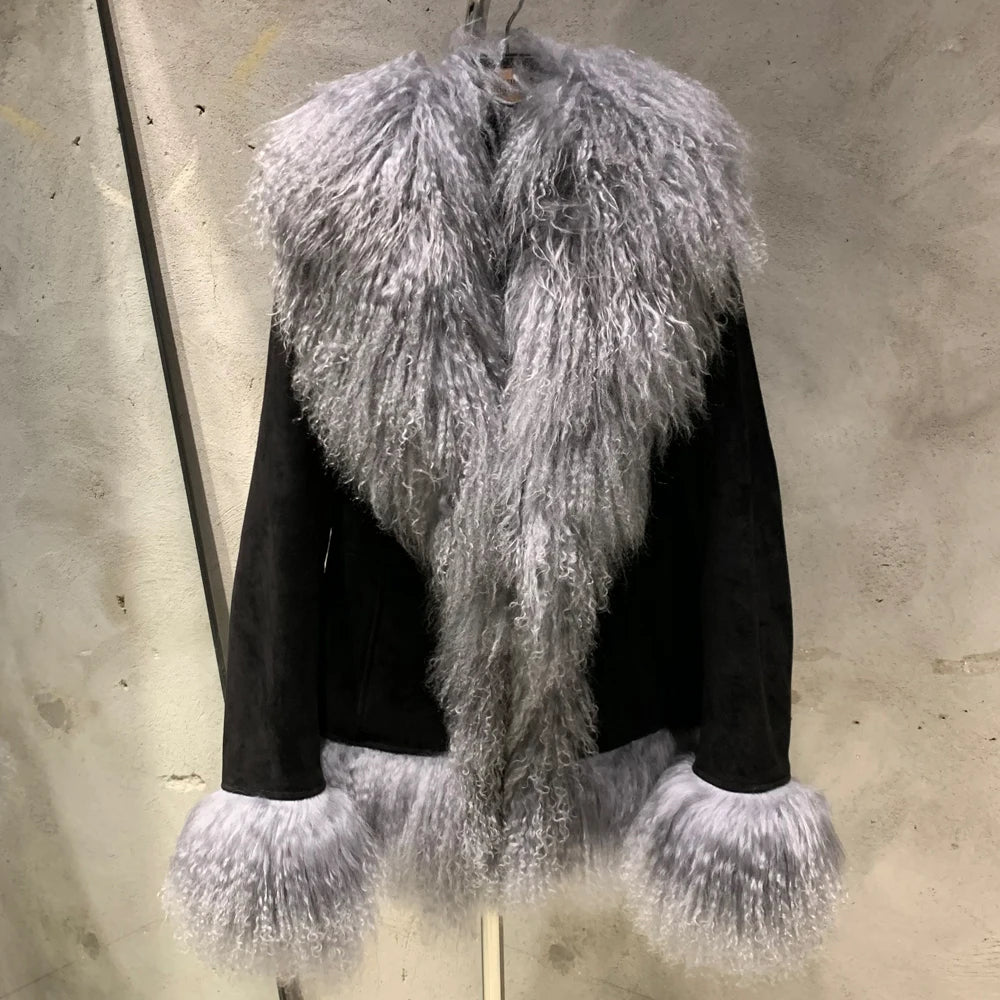 Sheep Collar Coats Women Winter Luxury Mongolian Fur Leather Jackets with Long Sleeve 7251