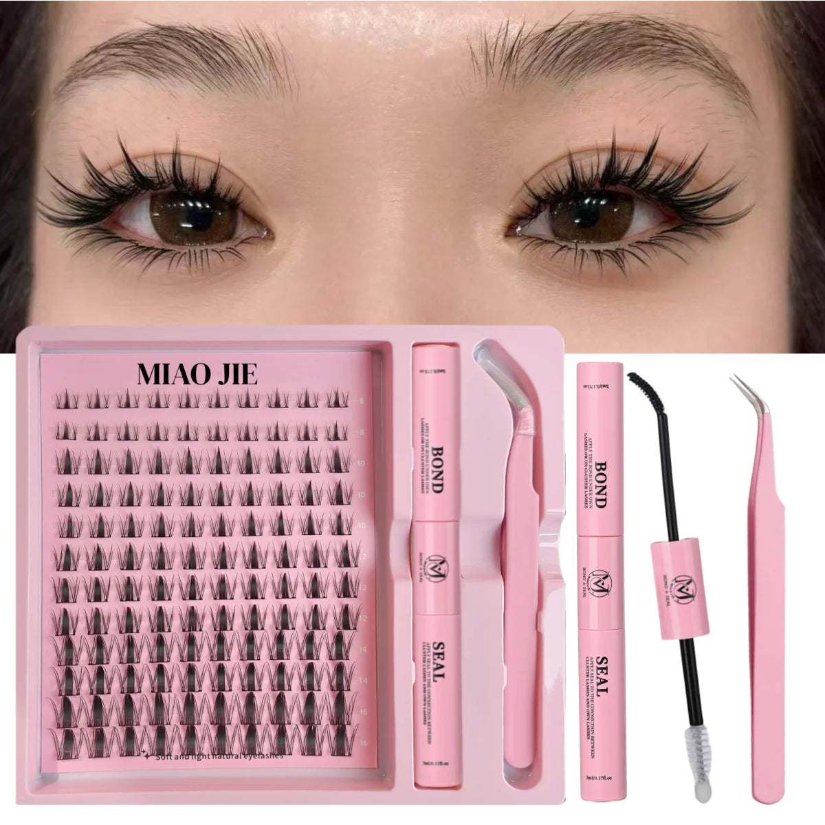 MAIOJIE DIY Clusters Lash Kit 8-16mm Mix Bond&Seal Tweezers Lash Set for Self Application Makeup Individual Eyelash Extensions