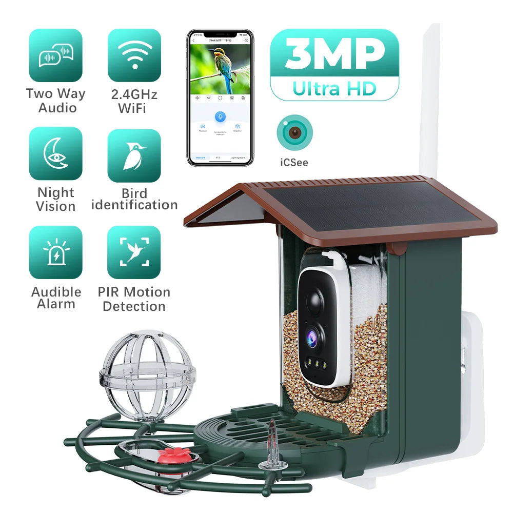 3MP Smart Bird Feeder Camera WiFi Two Way Audio Bird Identification Night Vision PIR Motion Detection For Bird Outdoor Watching