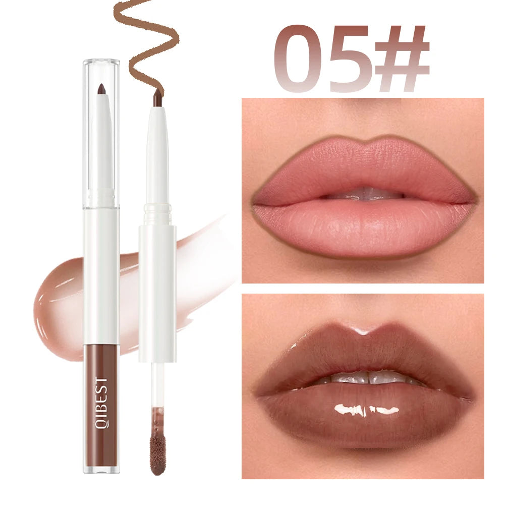 QIBEST Double Head Mirror Lip Glaze Lipliner Pen Water Light Lipgloss Makeup 2 in 1 Stick Matte Velvet Lip Liner Contour Pencil