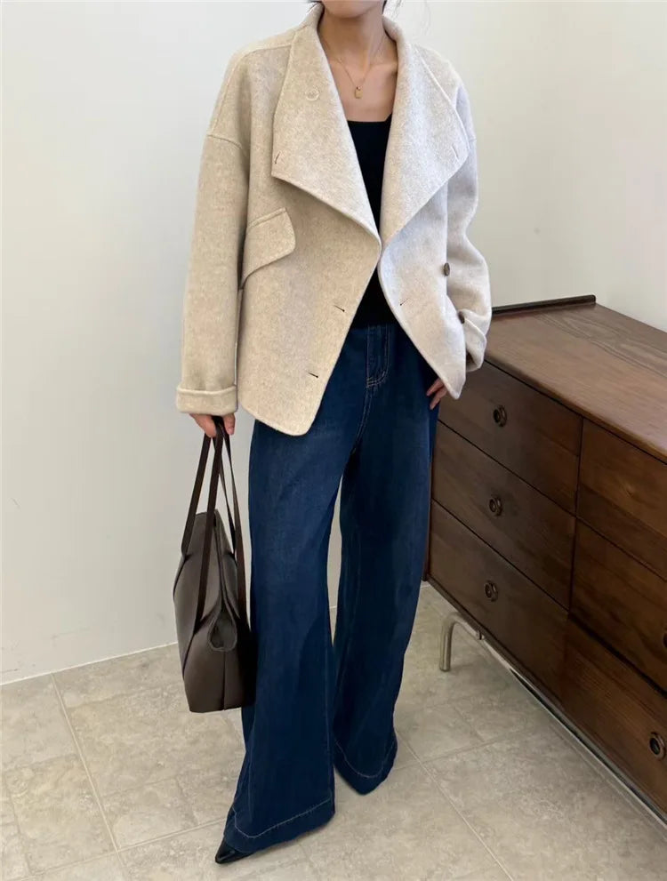 New Winter Short Woolen Coat Fashion Causal Warm Mulberry Silk Lapel Double-sided Wool Coat Loose Suit Jacket Female Tide Autumn