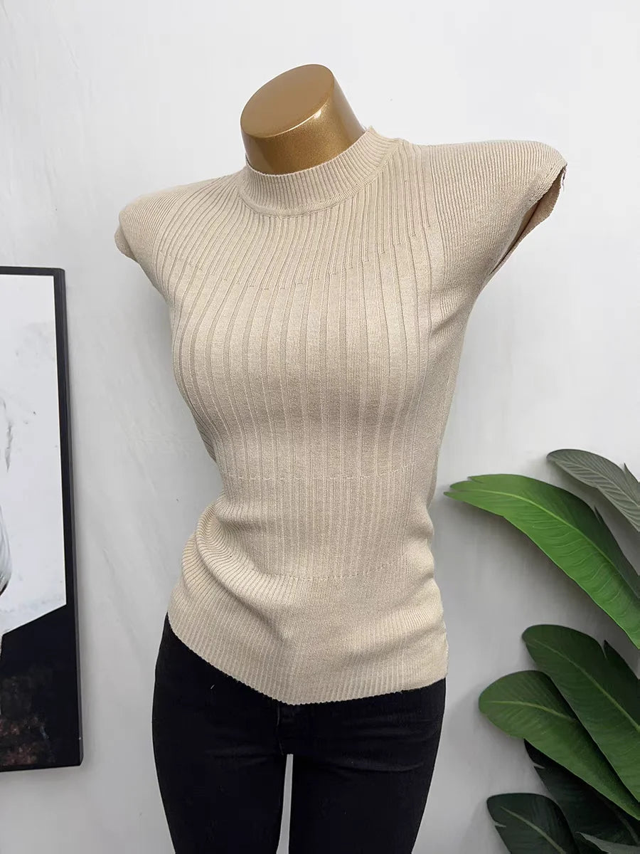 Summer Ribbed Knitted Sexy Women Tops Fashion Turtleneck White Black Tshirt Casual Sleeveless Vest Women's Tank Top Clothing