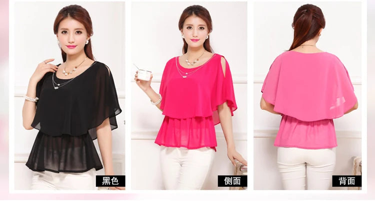 2025 Women Summer Tops Blouse Fashion Elegant Ruffle Batwing Sleeves Chiffon Shirt Loose Casual Clothing blusas mujer de moda