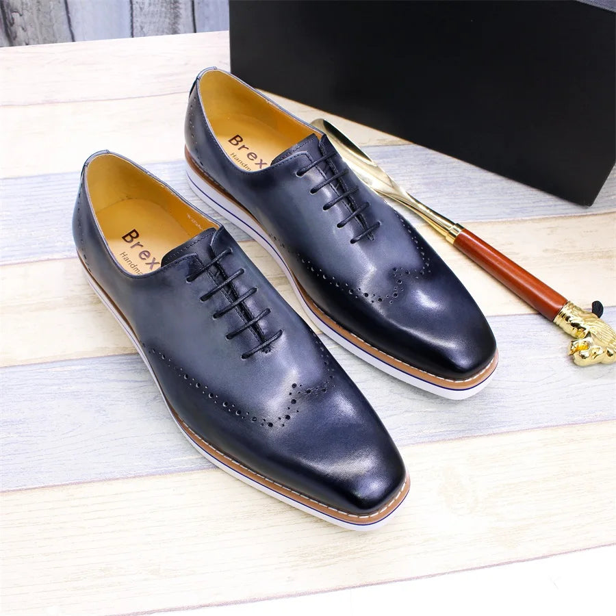 Genuine Leather Men's Casual Shoes Comfortable Lace-Up Brogue Handmade Flat Shoes Office Party Dating Formal Dress Men's Shoes