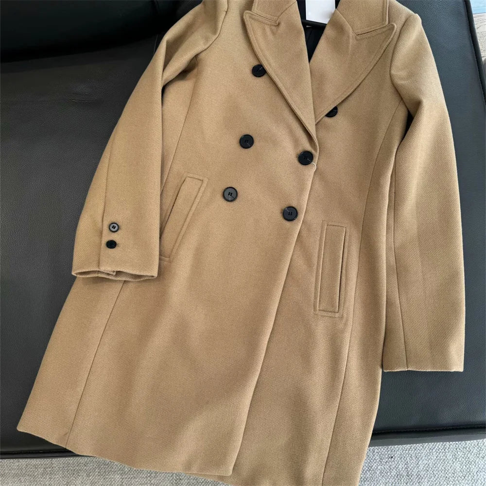 women's suit collar double breasted woolen medium long coat winter new fashion solid color long sleeved coat