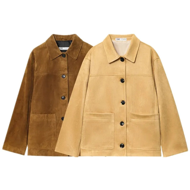Women's Loose Long Sve Faux Leather Jaet Autumn New Arrival Versatile Outerwear Warmth Faion Sle Button Closure