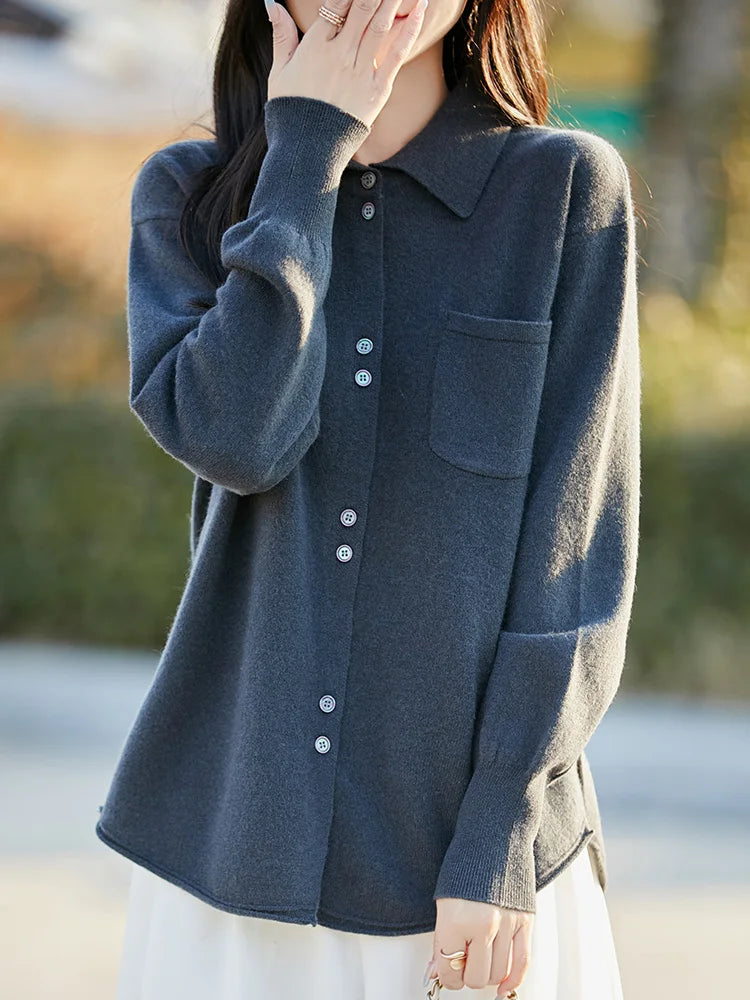 POLO Collar Wool Sweater 100 Pure Wool Spring And Autumn New Knitted Women Loose And Slimming Cardigan ZA682
